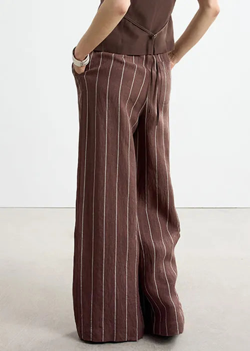 Art Brown Striped Pockets Elastic Waist Linen Pants Fall