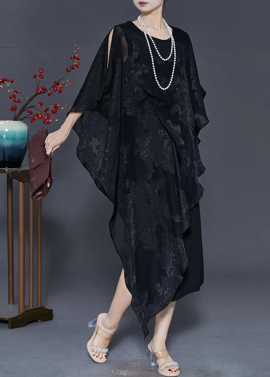 Black Cold Shoulder Jacquard Silk Dresses Summer
