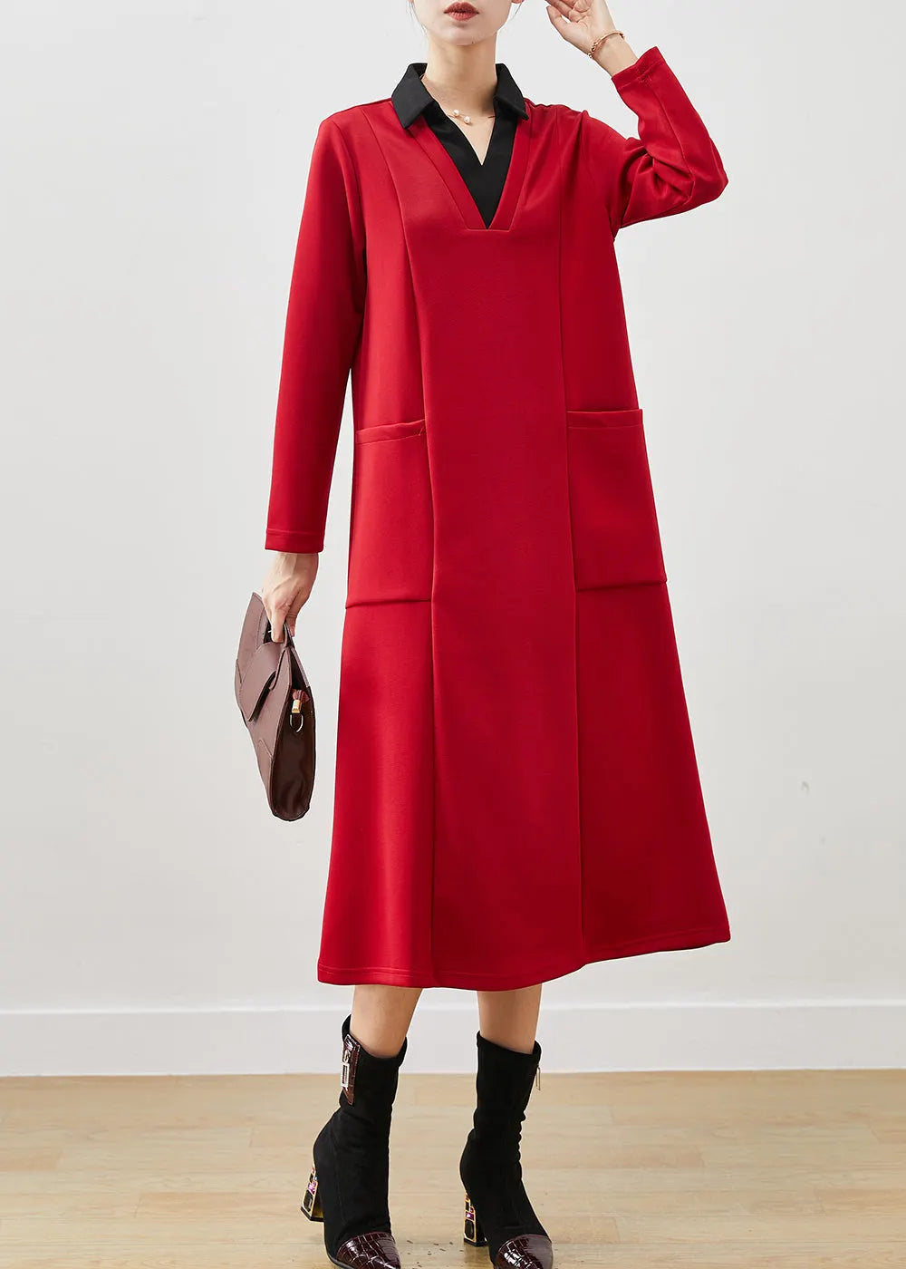 Red V Neck Patchwork Cotton Holiday Dresses Spring