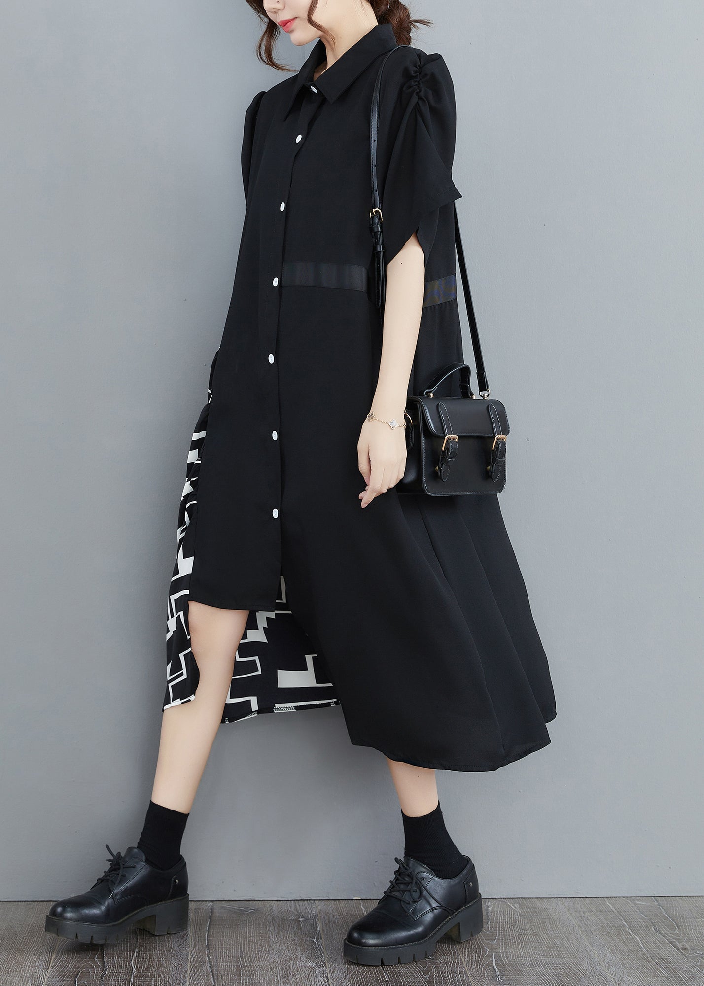 Black Peter Pan Collar Asymmetrical Print Patchwork Shirt Dresses Half Sleeve