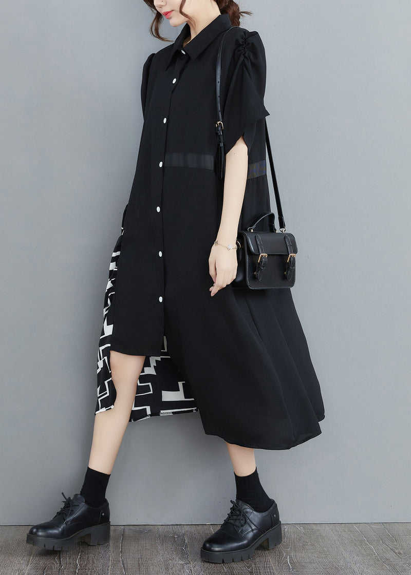 Black Peter Pan Collar Asymmetrical Print Patchwork Shirt Dresses Half Sleeve