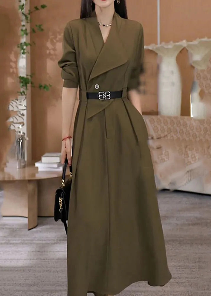 Green V Neck Waist Sashes Cotton Long Dresses Fall