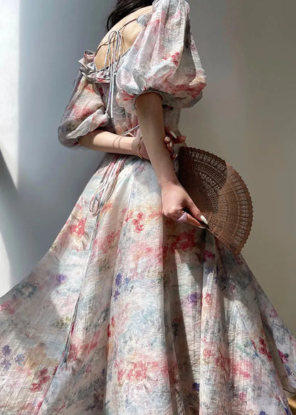 Italian Rainbow Ruffled Print Lace Up Silk Long Dress Puff Sleeve