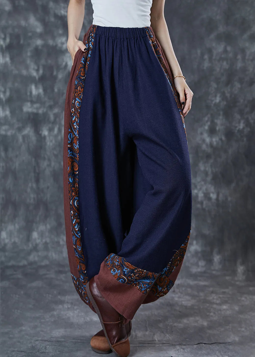 Style Navy Oversized Patchwork Cotton Pants Summer