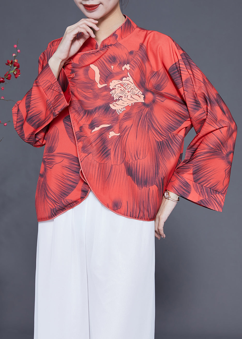 Red Mandarin Collar Print Chinese Button Silk Jacket Spring
