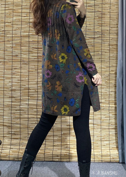 Chocolate Turtleneck Print Side Open Fall Knit Sweater