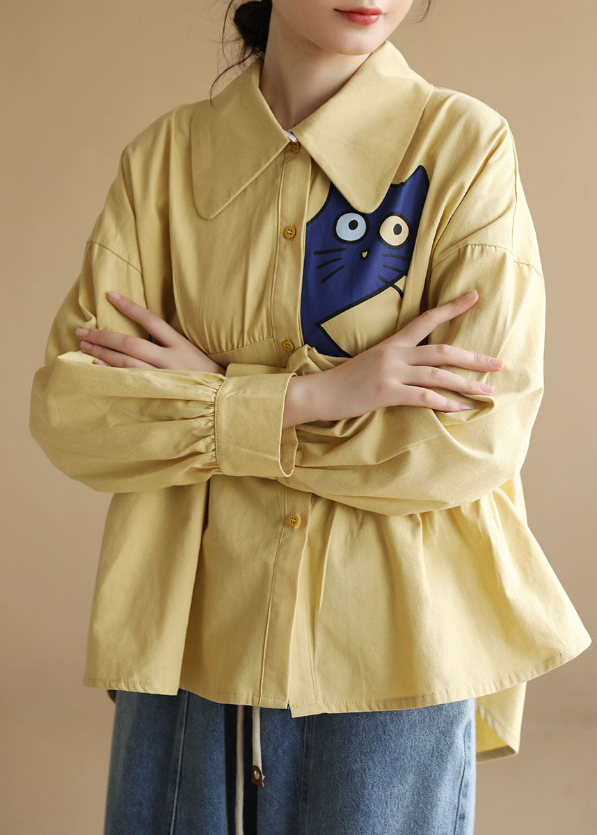 Diy Yellow Peter Pan Collar Asymmetrical Wrinkled Cat Applique Cotton Shirt Long Sleeve