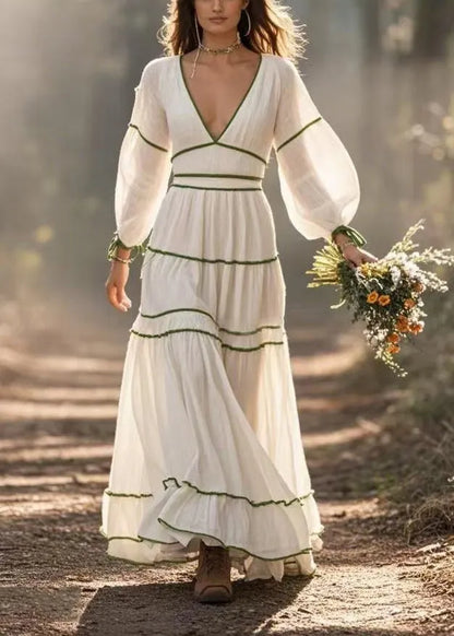 White V Neck Exra Large Hem Cotton Dresses Spring