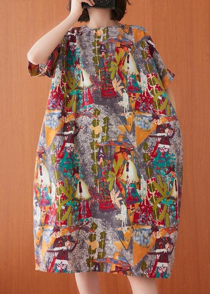 Print O-neck Cotton Linen Party Dress Summer