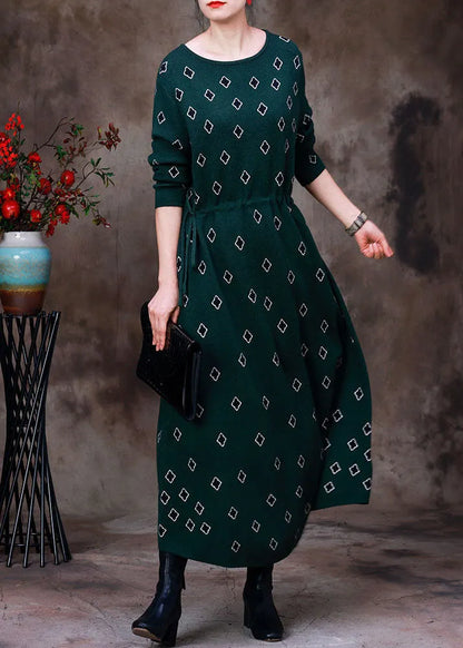 Slim Fit Green O-neck Drawstring Print Knit Long Dress Long Sleeve