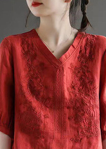 Red V Neck Embroideried Top Half Sleeve