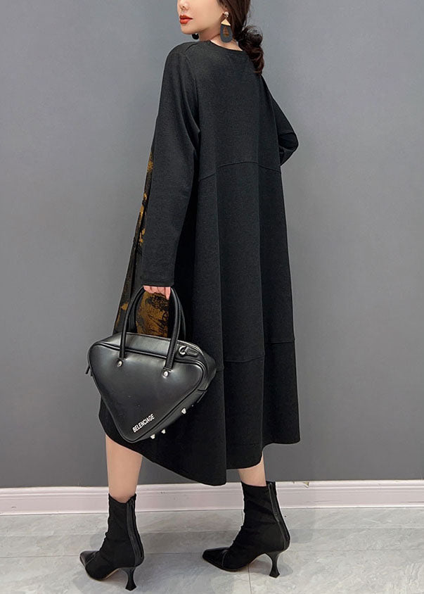 Style Black O-neck Patchwork Print Cotton Maxi Dress Spring