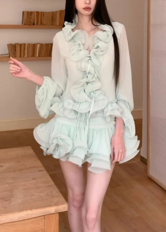 Slim Fit Light Green V Neck Ruffled Chiffon Shirt and Skirts Two Pieces Set Fall