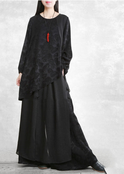 Black Asymmetrical Design Jacquard Silk Two Piece Set Spring