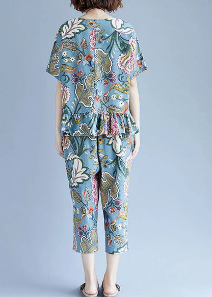 Blue O-neck Cotton Tops and Crop Pants Two Pieces Set Spring