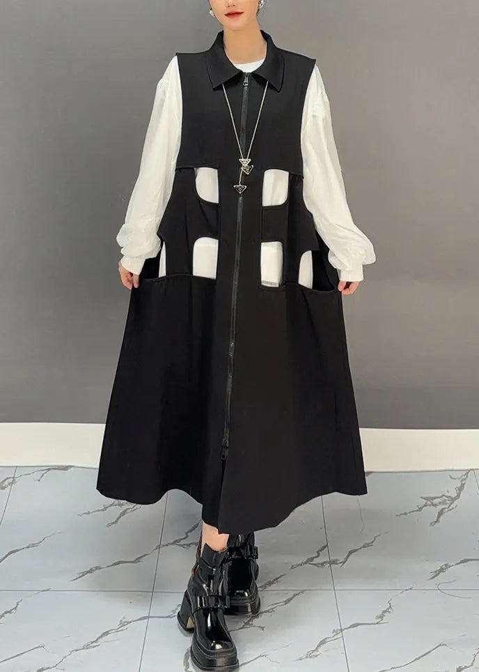 Black Zippered Patchwork Hollow Out Long Waistcoat Dress Spring