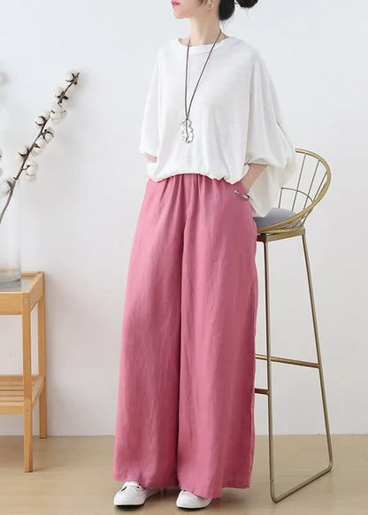 Pink Elastic Waist Pockets Linen Wide Leg Pants Fall