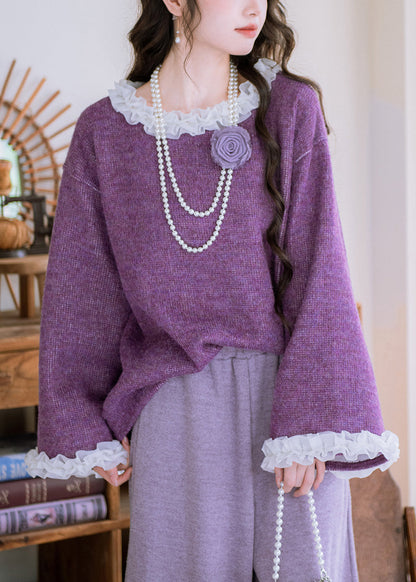 Loose Purple Ruffled Patchwork Knit Sweater Flare Sleeve