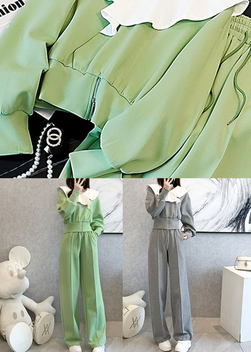 Grey Cotton Tops and Pants Sport Suit Ruffled Spring