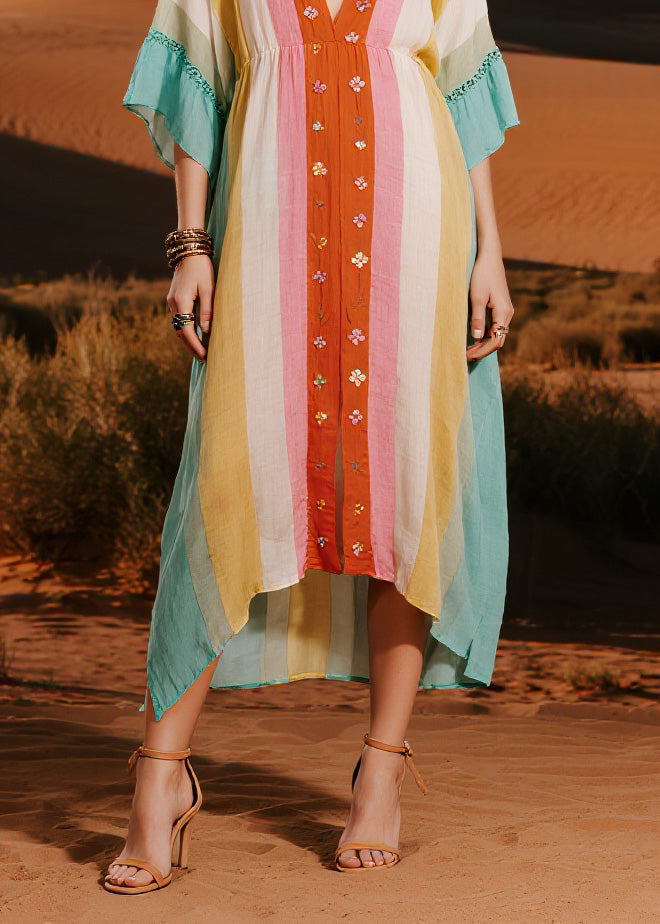 Original Design Colorblock V Neck Cotton Dresses Summer