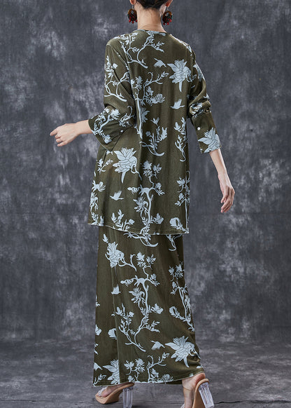 Green Print Lace Up Side Open Silk Velour Two Pieces Set Spring