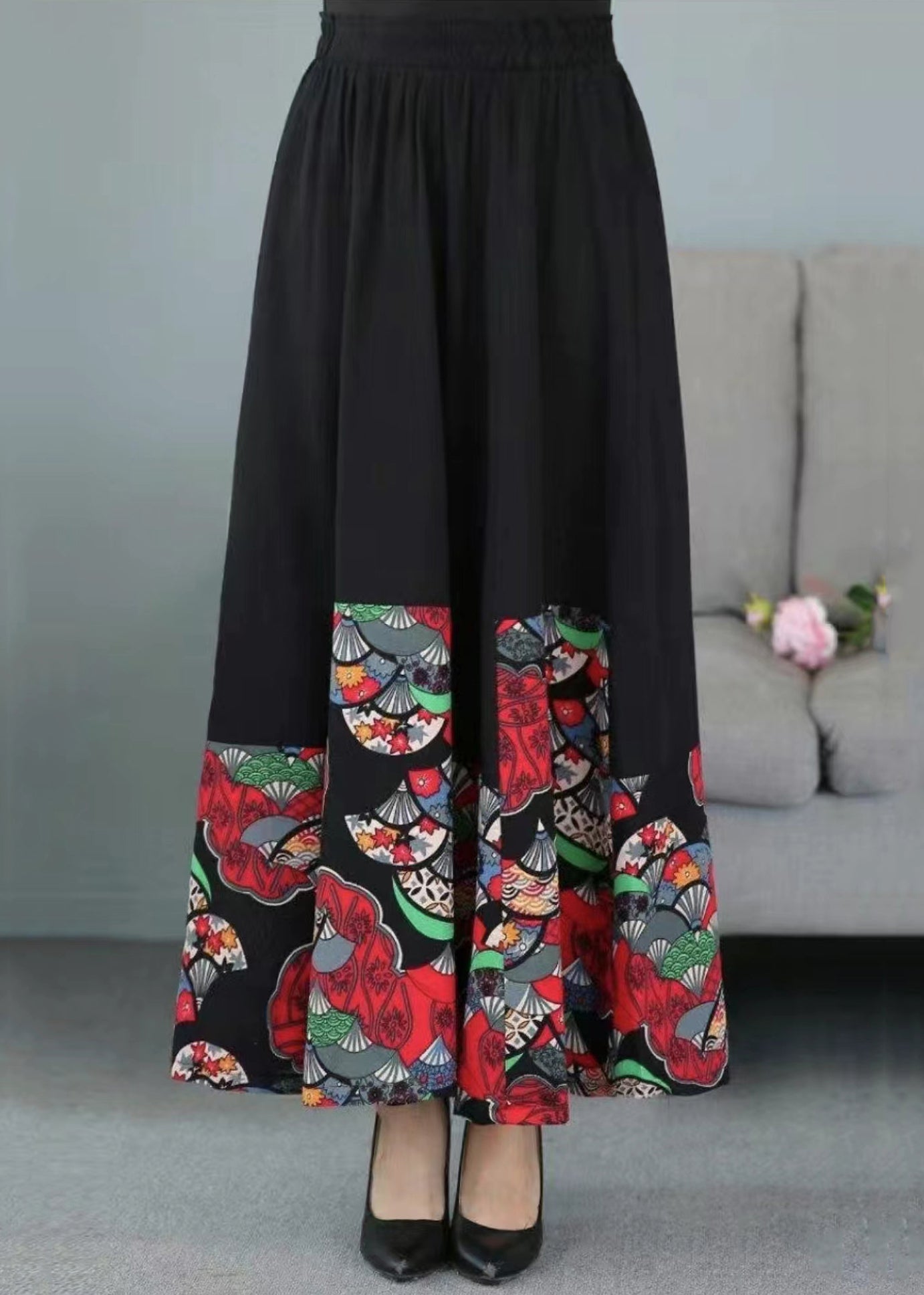 Black Print Elastic Waist Patchwork Cotton Skirts Fall