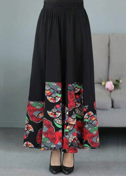 Black Print Elastic Waist Patchwork Cotton Skirts Fall