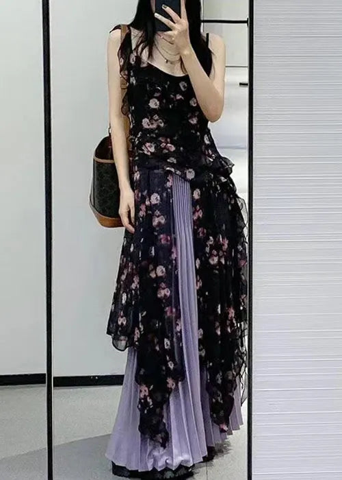 Black Ruffled Print Chiffon Two-piece Set Sleeveless