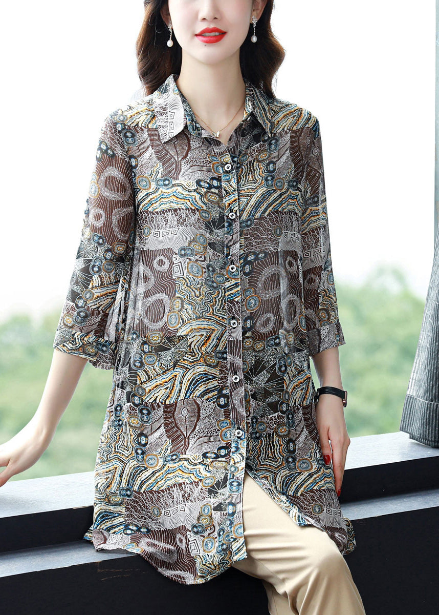 Button Peter Pan Collar Print Chiffon Blouse Tops Three Quarter Sleeve