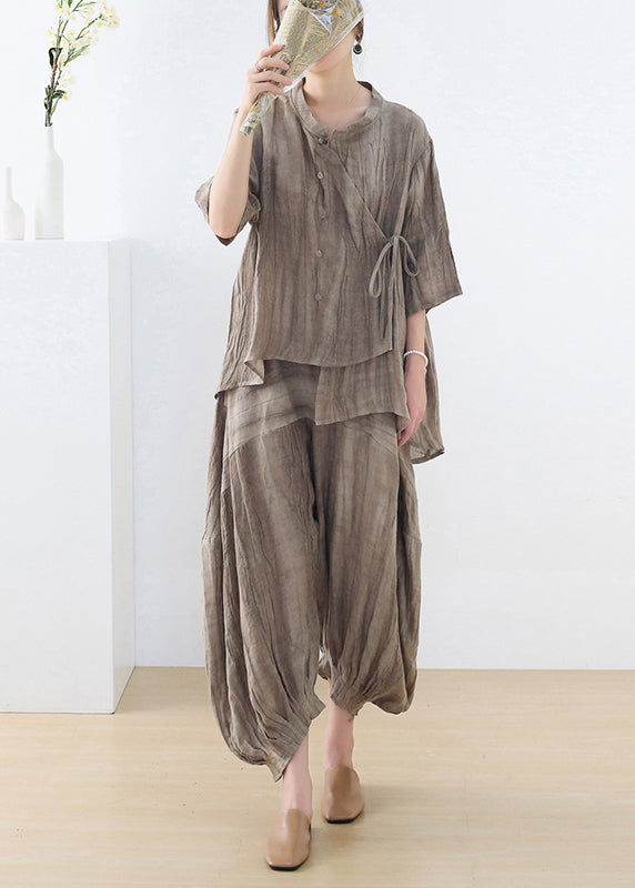 Khaki Asymmetrical Tie Dye Lace Up Linen Two Pieces Set Fall