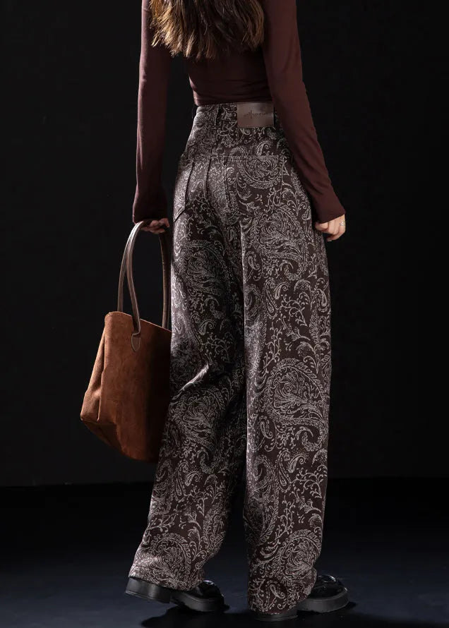 Brown Pockets Print Warm Fleece Denim Pants Winter