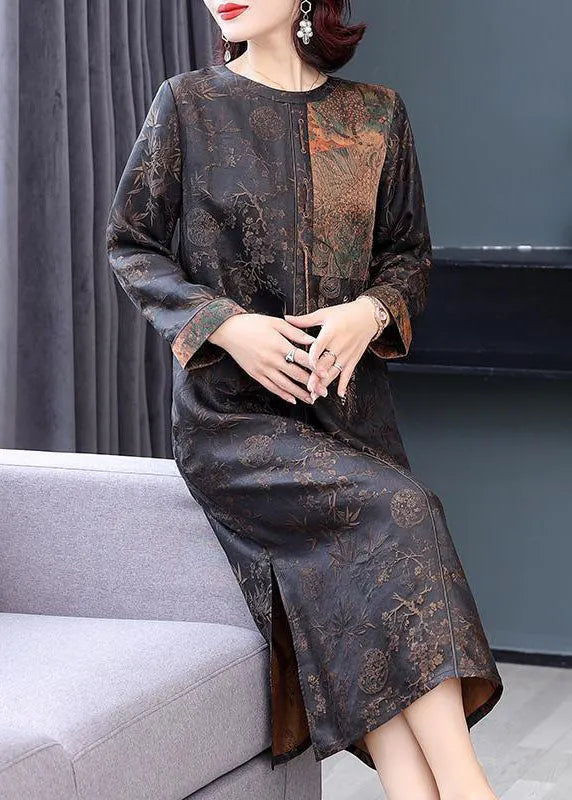 French Brown O-neck Patchwork Side Open Silk Long Dresses Fall