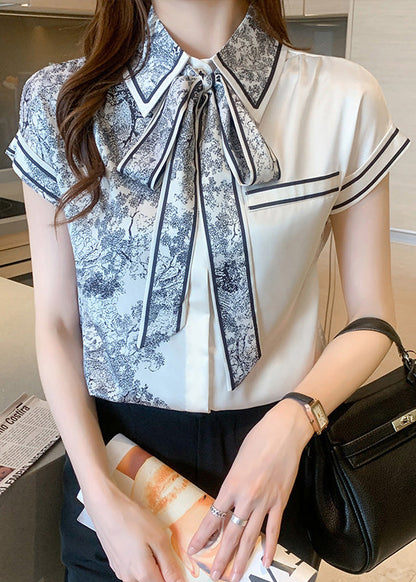 Peter Pan Collar Print Bow Silk Shirts Summer