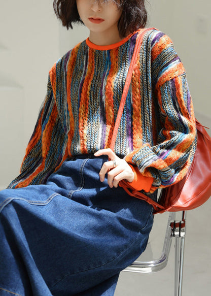 Striped O Neck Patchwork Knitted Cotton Thread Tops Long Sleeve