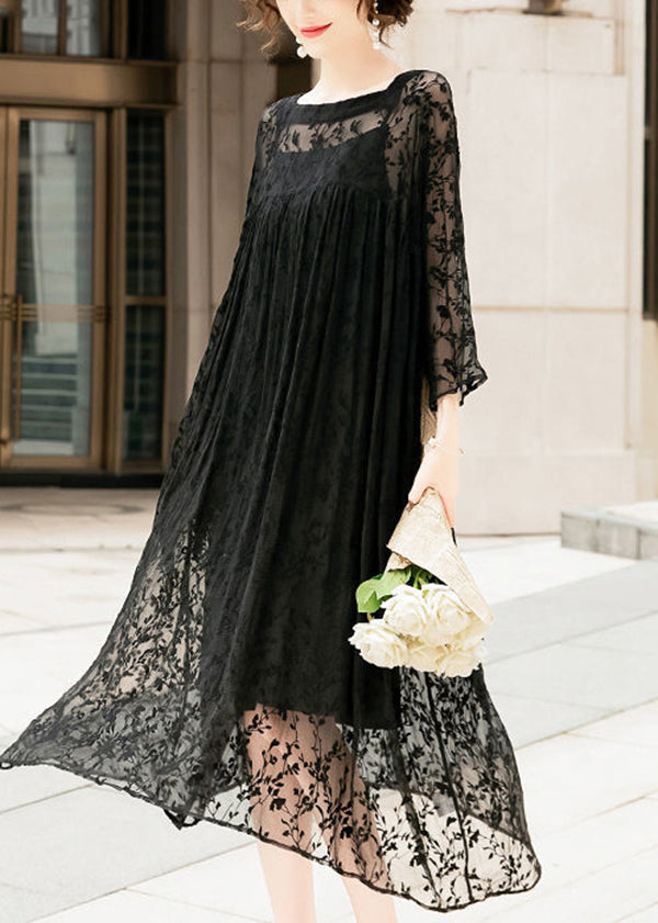 Handmade Black Square Collar Embroideried Silk a Line Dresses Summer