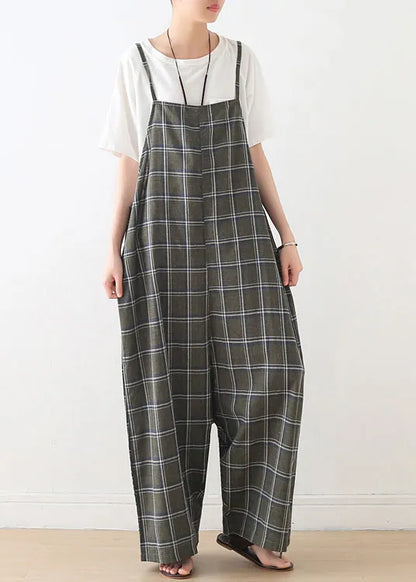 Baggy Green Plaid Cotton Spaghetti Strap Jumpsuit Summer