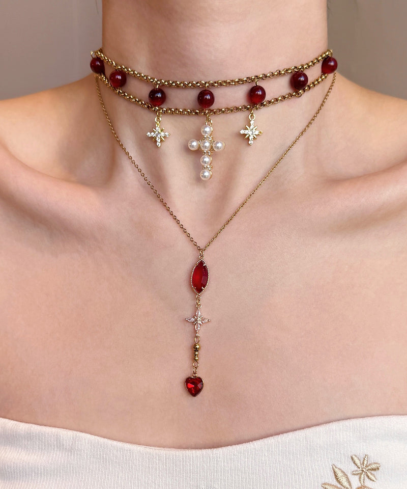 Red Cat's Eye Cross Layering Alloy Two Piece Set Pendant Necklace