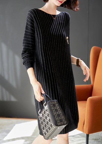 Handmade Black Striped Knit Pullover Dress Spring