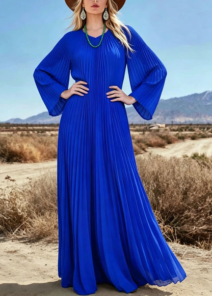 Blue V Neck Wrinkled Chiffon Long Dresses Summer