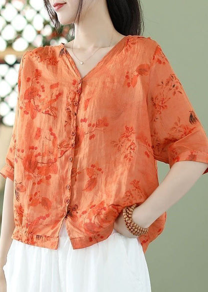 Orange Print Slim Fit Linen Shirt Top Half Sleeve