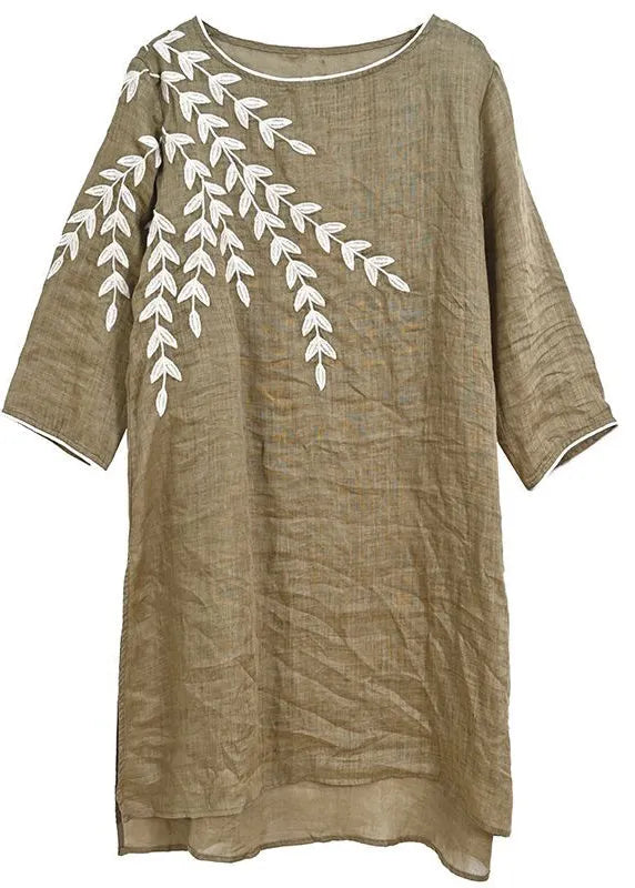 Organic Coffee Embroidered Side Open Linen Two Pieces Set Summer