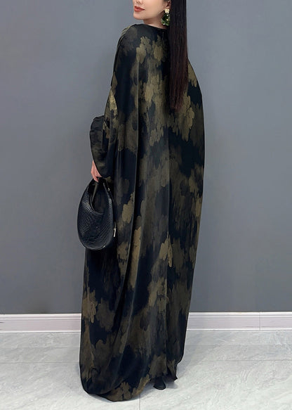 Black V Neck Print Holiday Maxi Dress Long Sleeve