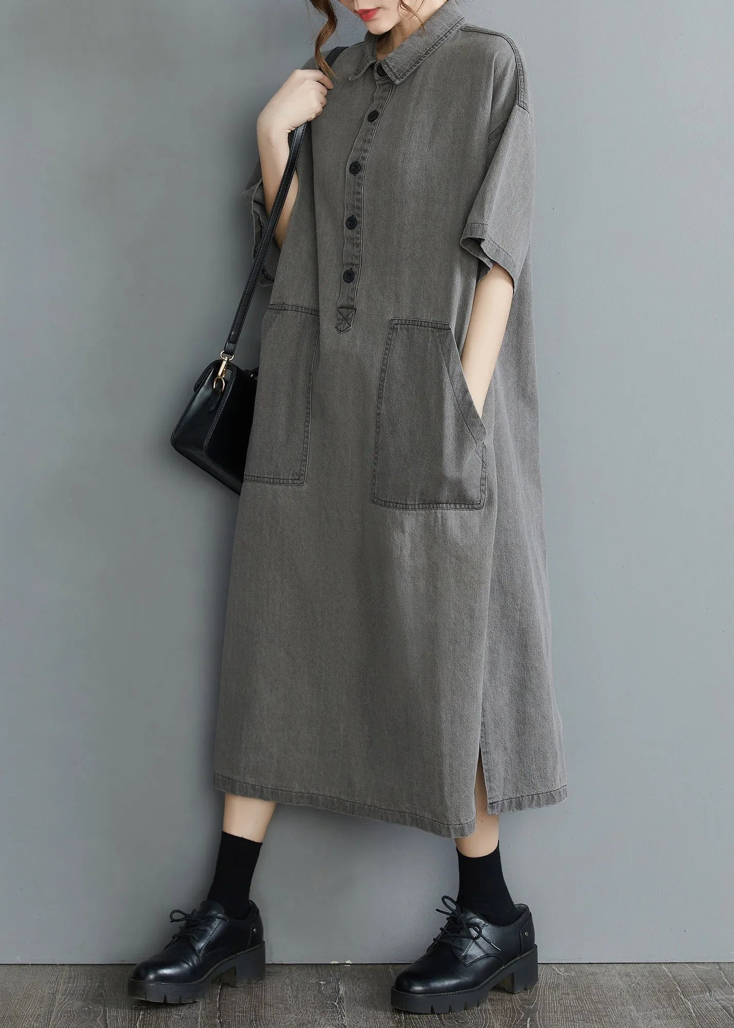 Loose Grey Peter Pan Collar Button Side Open Pockets Denim Dresses Short Sleeve