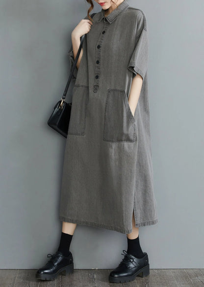Loose Grey Peter Pan Collar Button Side Open Pockets Denim Dresses Short Sleeve