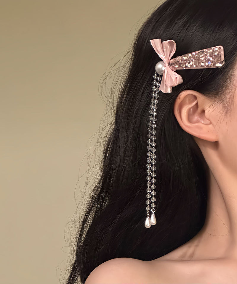 Novelty Pink Alloy Bow Zircon Tassel a Pair Hairpin