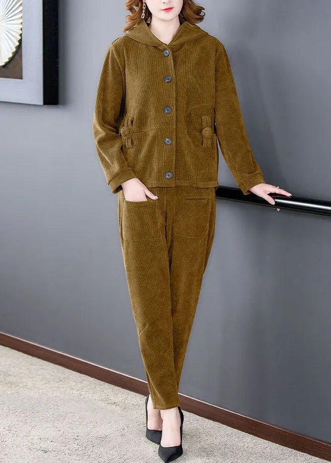 Boutique Yellow Hooded Pockets Corduroy Coats and Pants Two Pieces Set Long Sleeve