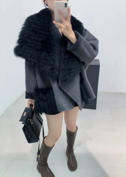 Stylish Black Fur Collar Patchwork Leather and Fur Coats Winter