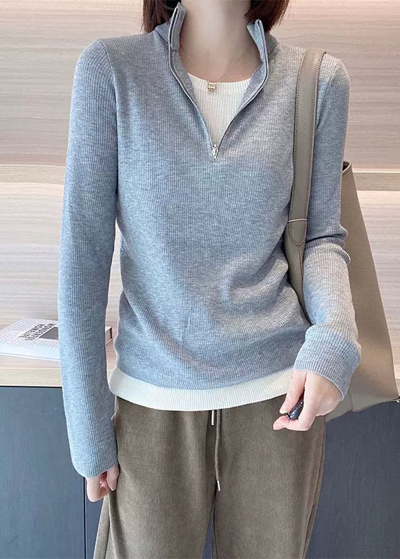 Apricot Stand Collar Zip Up Patchwork Knit Top Fall