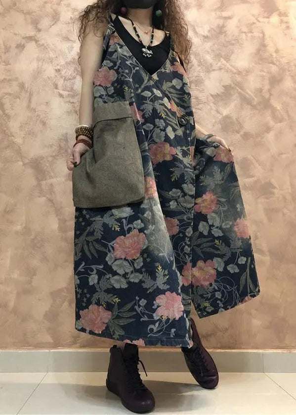 Blue Button Print Denim Spaghetti Strap Dress Sleeveless