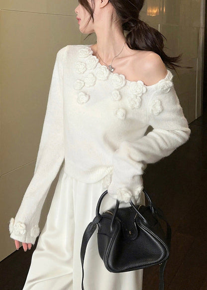 Stylish White Cold Shoulder Knit Sweater Winter